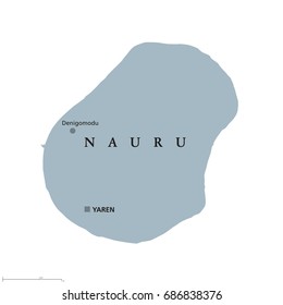 Nauru political map with capital Yaren. Formerly Pleasant Island. A republic and island country in Micronesia in the Central Pacific. English labeling. Gray illustration on white background. Vector.