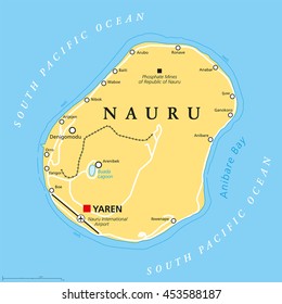 Nauru political map with de facto capital Yaren and important settlements. Republic in Micronesia in the Central Pacific. Island country, formerly known as Pleasant Island. English labeling.