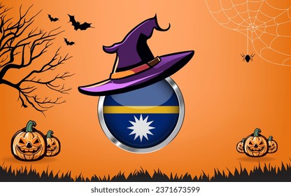 nauru round flag with Happy Halloween banner or party invitation background. bats, spiders and pumpkins, orange background