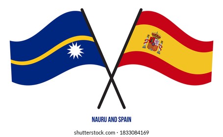 Nauru and Spain Flags Crossed And Waving Flat Style. Official Proportion. Correct Colors.