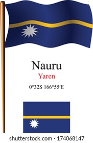 nauru wavy flag and coordinates against white background, vector art illustration, image contains transparency