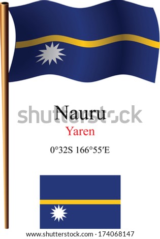 nauru wavy flag and coordinates against white background, vector art illustration, image contains transparency