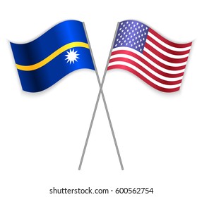 Nauruan and American crossed flags. Nauru combined with United States of America isolated on white. Language learning, international business or travel concept.