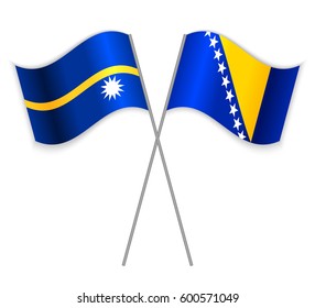 Nauruan and Bosnian crossed flags. Nauru combined with Bosnia and Herzegovina isolated on white. Language learning, international business or travel concept.