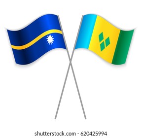 Nauruan and Vincentian crossed flags. Nauru combined with Saint Vincent and the Grenadines isolated on white. Language learning, international business or travel concept.