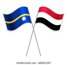 Nauruan and Yemeni crossed flags. Nauru combined with Yemen isolated on white. Language learning, international business or travel concept.