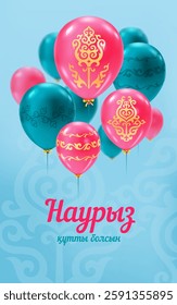 Nauryz is a holiday of spring and New Year according to the astronomical solar calendar. Kazakh translate Happy Nauryz! Vector illustration with pink and blue balloons decorated golden kazakh decor