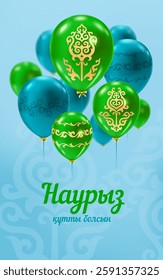 Nauryz is a holiday of spring and New Year according to the astronomical solar calendar. Kazakh translate Happy Nauryz! Vector illustration with blue and green balloons decorated golden kazakh decor