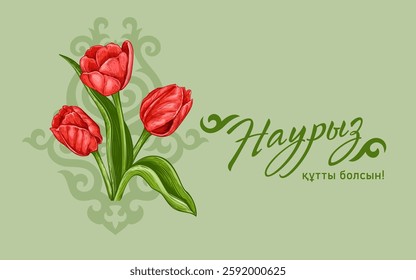 Nauryz is a holiday of spring and New Year according to the astronomical solar calendar among the Turkic peoples. Kazakh translate Happy Nauryz. Vector illustration with spring tulips and kazakh decor