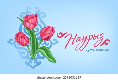 Nauryz is a holiday of spring and New Year according to the astronomical solar calendar among the Turkic peoples. Kazakh translate Happy Nauryz. Vector illustration with spring tulips and kazakh decor