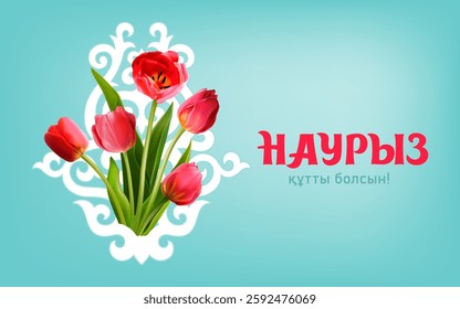 Nauryz is a holiday of spring and New Year according to the astronomical solar calendar among the Turkic peoples. Kazakh translate Happy Nauryz. Vector illustration with spring tulips and kazakh decor