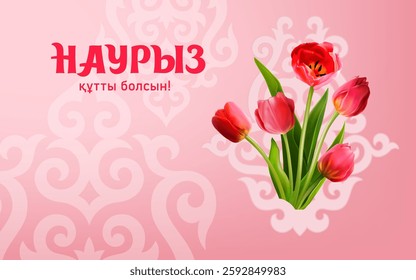 Nauryz is a holiday of spring and New Year according to the astronomical solar calendar among the Turkic peoples. Kazakh translate Happy Nauryz. Vector illustration with spring tulips and kazakh decor