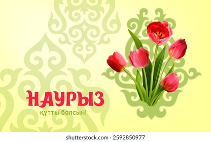 Nauryz is a holiday of spring and New Year according to the astronomical solar calendar among the Turkic peoples. Kazakh translate Happy Nauryz. Vector illustration with spring tulips and kazakh decor