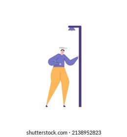 náuseas, mareos, vómitos, resfriados. un hombre sostiene una farola porque no puede sostenerse. enfermedad, inaptitud corporal, problemas de salud. ilustración de caricatura plana. diseño de concepto