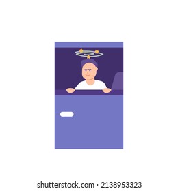 náuseas, mareos, vómitos, resfriados, mareo en el movimiento. un hombre se resiste a vomitar en un auto. enfermedad, inaptitud corporal, problemas de salud. ilustración de caricatura plana. diseño de concepto