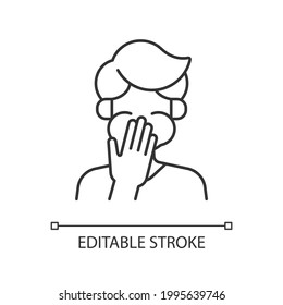 Nausea Linear Icon. Sick Person Covering Mouth. Ill Man With Stomachache Ready To Throw Up. Thin Line Customizable Illustration. Contour Symbol. Vector Isolated Outline Drawing. Editable Stroke