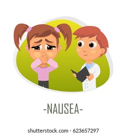 Nausea medical concept. Vector illustration. Doctor and patient are talking in the hospital. Isolated on white background.