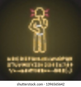 Nausea neon light icon.  Allergy, food poisoning, gastritis symptom. Glowing sign with alphabet, numbers and symbols. Person suffering from stomach ache. Vector isolated illustration