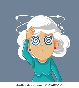 
Nausea Senior Woman With Dizziness And Headaches Vector Cartoon. Elderly Citizen Having Vertigo Problems And Severe Headache Feeling Unwell
