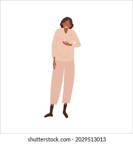 Nausea And Vomiting During Pregnancy. Pregnant Woman Experiences Stomach Discomfort. African American Woman Suffers From Vomiting, Feel Bad. Flat Vector Illustration Pregnancy Symptoms Concept