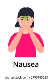 Nausea or vomiting of girl icon set. Poisoning, poor digestion, stomach ulcer are shown. Woman vomits and suffers. Infected person illustration.