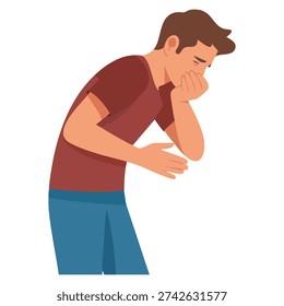 Nausea vomiting symptom flat design illustration showing man suffering from vomit and closing mouth suitable for health education illness awareness and medical themed designs