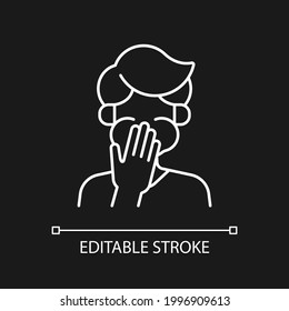 Nausea white linear icon for dark theme. Sick person covering mouth. Heat exhaustion symptom. Thin line customizable illustration. Isolated vector contour symbol for night mode. Editable stroke