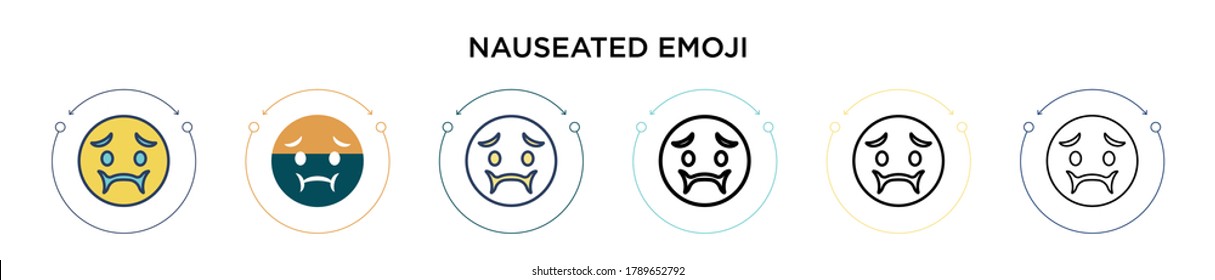 Icono emoticono nauseado en estilo relleno, delgado, contorno y trazo. Ilustración vectorial de dos iconos vectoriales de emoji naútico de color y negro se puede usar para móviles, ui, web