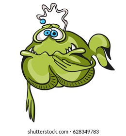 Nauseous green fish isolated on white background.  Funny cartoon image with simple gradients for printed materials and backgrounds.