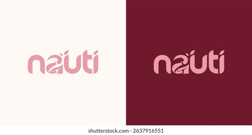 Nauti whale logo design with pink color and a leaf element