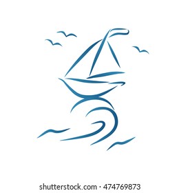 Nautic brush style drawing. Hand drawn sketch of stylized abstract sailboat on sea wave. Idea for design element of poster,  banner,  t-shirt print, internet site icon. Vector illustration.