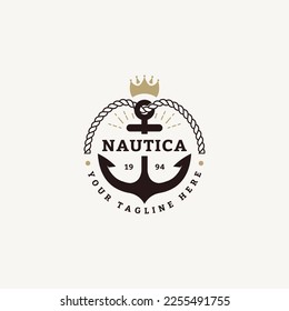 diseño del logotipo del buque náutica con ancla, cuerda y corona