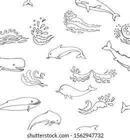 Nautica seamless pattern with sea animals and waves. Hand drawn elements for summer holidays.Travel, marin and ocean. Vector Illustration