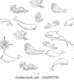 Nautica seamless pattern with sea animals and waves. Hand drawn elements for summer holidays.Travel, marin and ocean. Vector Illustration