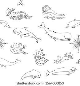 Nautica seamless pattern with sea animals and waves. Hand drawn elements for summer holidays.Travel, marin and ocean. Vector Illustration