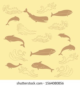 Nautica seamless pattern with sea animals and waves. Hand drawn elements for summer holidays.Travel, marin and ocean. Vector Illustration