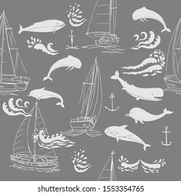 Nautica seamless pattern with ships,  yachts, sea animals dolphins. Hand drawn elements for summer holidays.Travel, marin and ocean. Vector Illustration