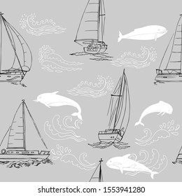 Nautica seamless pattern with ships,  yachts, sea animals dolphins. Hand drawn elements for summer holidays.Travel, marin and ocean. Vector Illustration