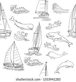 Nautica seamless pattern with ships,  yachts, sea animals dolphins. Hand drawn elements for summer holidays.Travel, marin and ocean. Vector Illustration