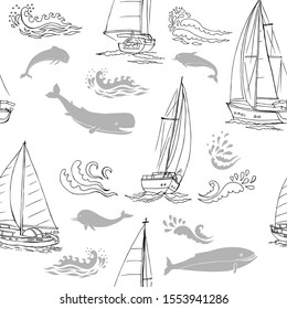 Nautica seamless pattern with ships,  yachts, sea animals dolphins. Hand drawn elements for summer holidays.Travel, marin and ocean. Vector Illustration