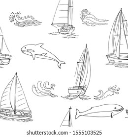 Nautica seamless pattern with ships,  yachts, sea animals dolphins. Hand drawn elements for summer holidays.Travel, marin and ocean. Vector Illustration