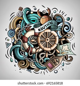 Nautical 3d cartoon vector doodle illustration. Colorful detailed design with lot of objects and symbols. All elements separate