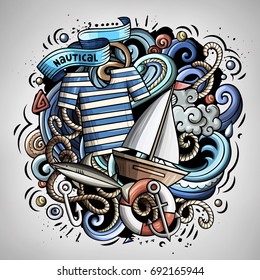 Nautical 3d cartoon vector doodle illustration. Colorful detailed design with lot of objects and symbols. All elements separate