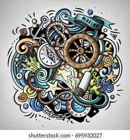 Nautical 3d cartoon vector doodle illustration. Colorful detailed design with lot of objects and symbols. All elements separate