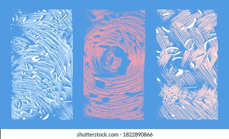 Nautischer abstrakter Hintergrund mit Pinselstrich-Textur. Vertikal blaue Wasseroberfläche, Illusion, Krümmung. Flüssige Farbe auf Leinwand