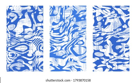 Nautical abstraction, sea pebbles on the beach. Artistic fluid on canvas set. Dynamical blue rippled surface, illusion, curvature. Art background abstract fluid set