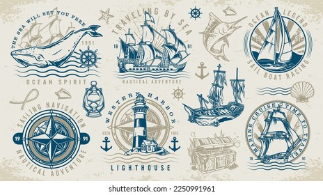 Aventura náutica coloridos emblemas con brújula vintage y barcos de vela cerca de tesoros hundidos piratas y peces ballena ilustración vectorial