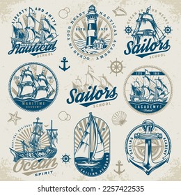 Nautical adventure emblem set colorful with sailing ships and anchor or lighthouse for maritime academy or school vector illustration