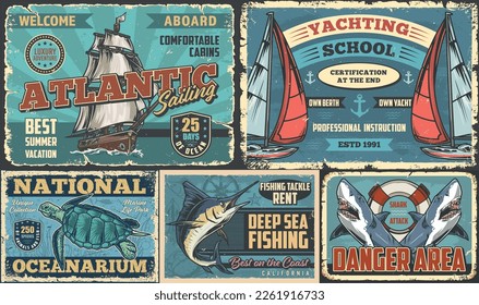 Nautical adventure flyers vintage colorful set for tourist sailing ship or national aquarium with turtles and fish bar vector illustration