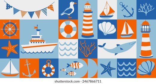 Nautical Adventure geometric Pattern with Sea and Sailing Icons. Vector flat design for poster, card, wallpaper, poster, banner, packaging